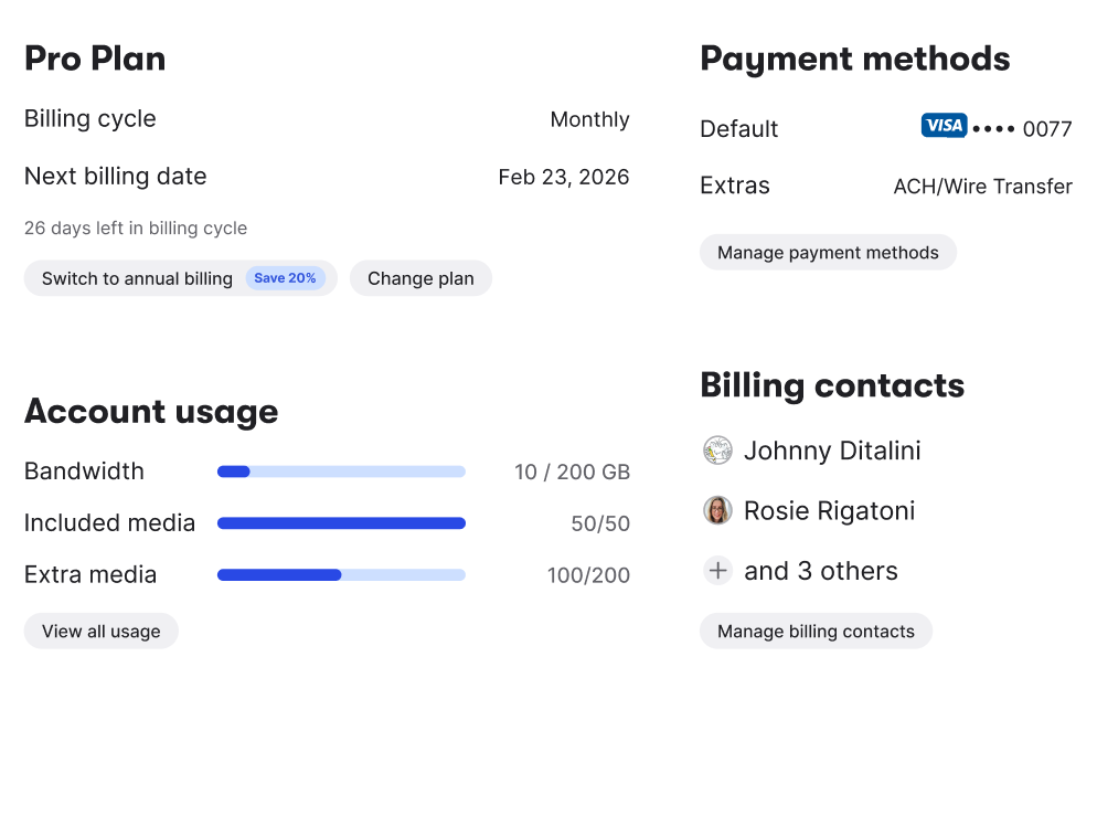 Billing Settings UI preview showing subscription management and payment configuration interface